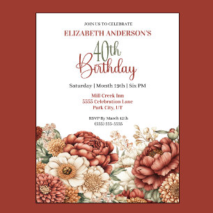 Pretty Fall Peony 40th Birthday Invitation