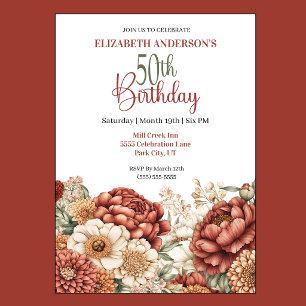 Pretty Fall Peony 50th Birthday Invitation