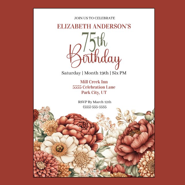Pretty Fall Peony 75th Birthday Invitation (Pretty Fall Peony Floral 75th Birthday Invitation For Women.)