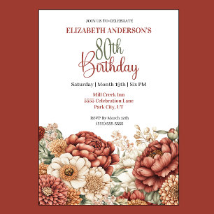 Pretty Fall Peony 80th Birthday Invitation