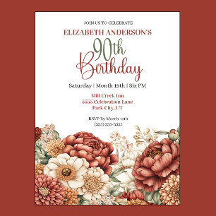 Pretty Fall Peony 90th Birthday Invitation