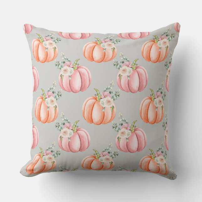 Pretty Fall Pink and Grey Pumpkin Pillow (Front)