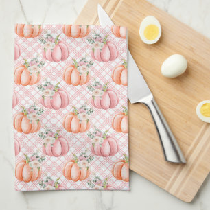 Pretty Fall Pink and Orange Watercolor Pumpkin Tea Towel