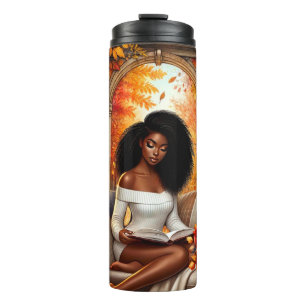 PRETTY FALL THEMED AFRICAN AMERICAN WOMAN READING THERMAL TUMBLER