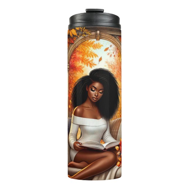 PRETTY FALL THEMED AFRICAN AMERICAN WOMAN READING THERMAL TUMBLER (Front)