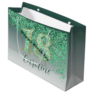 Pretty Falling Green Glitter 18th Birthday Large Gift Bag