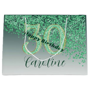 Pretty Falling Green Glitter 30th Birthday Large Gift Bag
