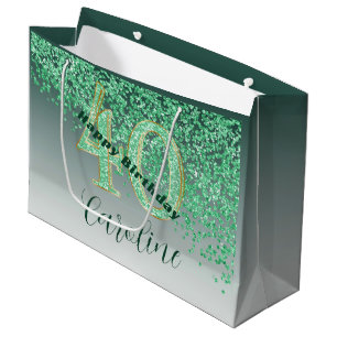 Pretty Falling Green Glitter 40th Birthday Large Gift Bag