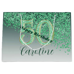 Pretty Falling Green Glitter 50th Birthday Large Gift Bag