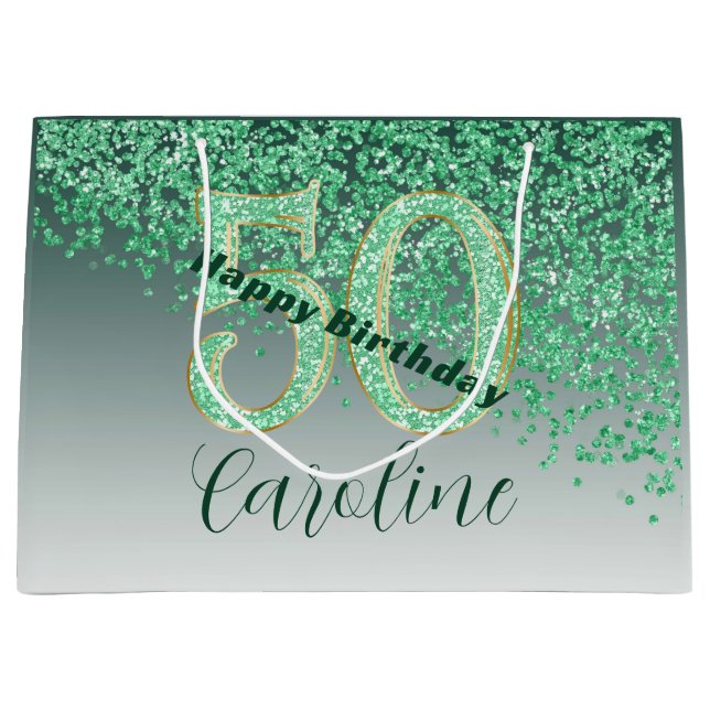 Pretty Falling Green Glitter 50th Birthday Large Gift Bag (Front)