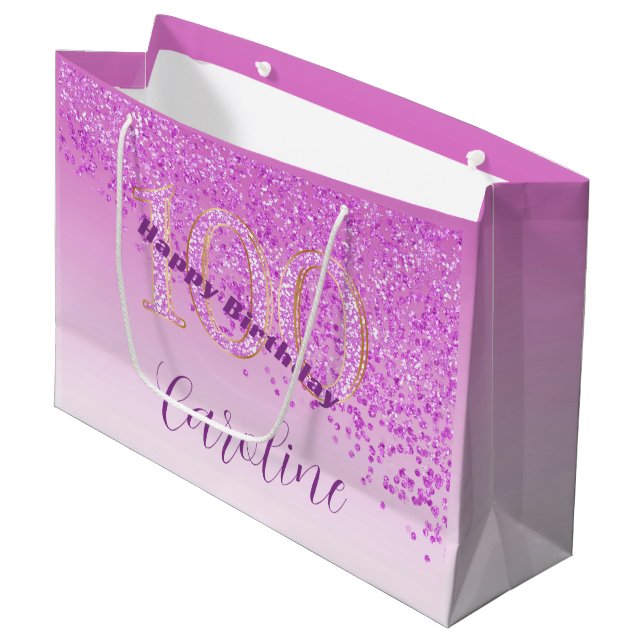Pretty Falling Pink Glitter 100th Birthday Large Gift Bag (Front Angled)