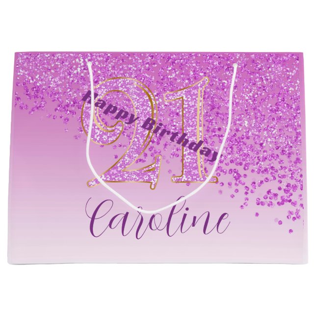 Pretty Falling Pink Glitter 21st Birthday Large Gift Bag (Front)
