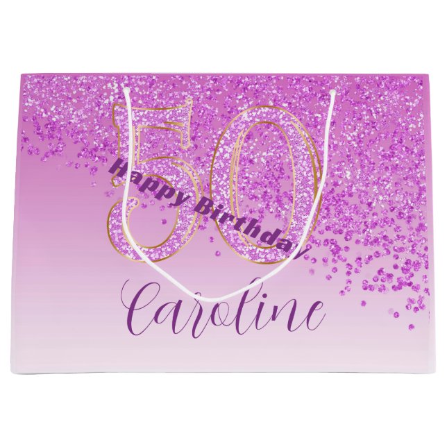 Pretty Falling Pink Glitter 50th Birthday Large Gift Bag (Front)