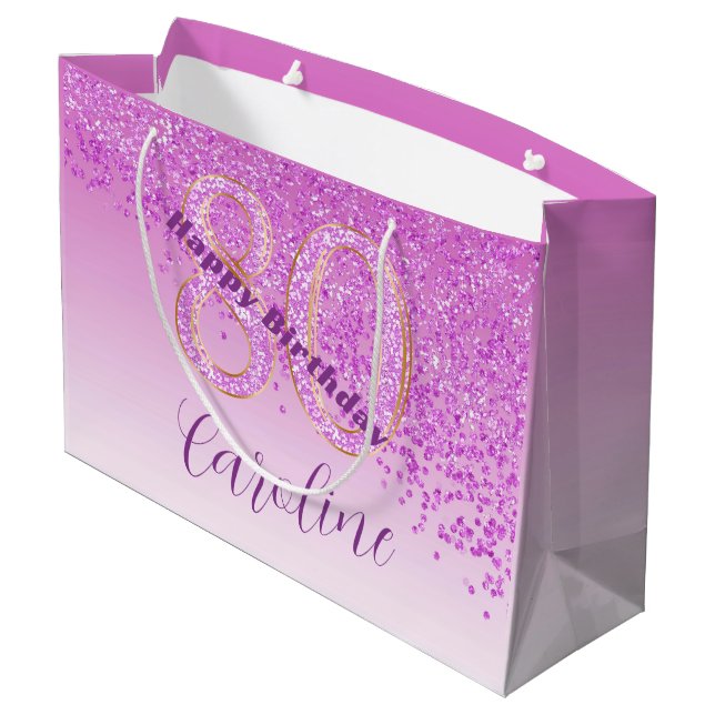 Pretty Falling Pink Glitter 80th Birthday Large Gift Bag (Back Angled)