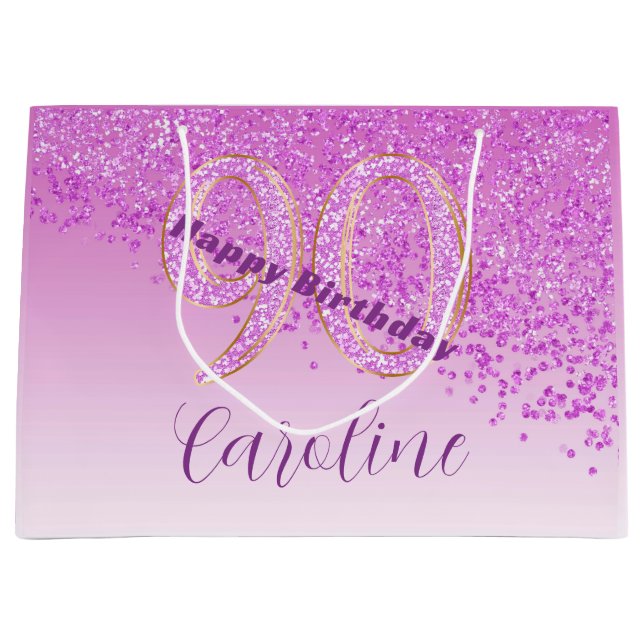 Pretty Falling Pink Glitter 90th Birthday Large Gift Bag (Front)