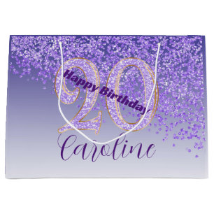 Pretty Falling Purple Glitter 20th Birthday Large Gift Bag