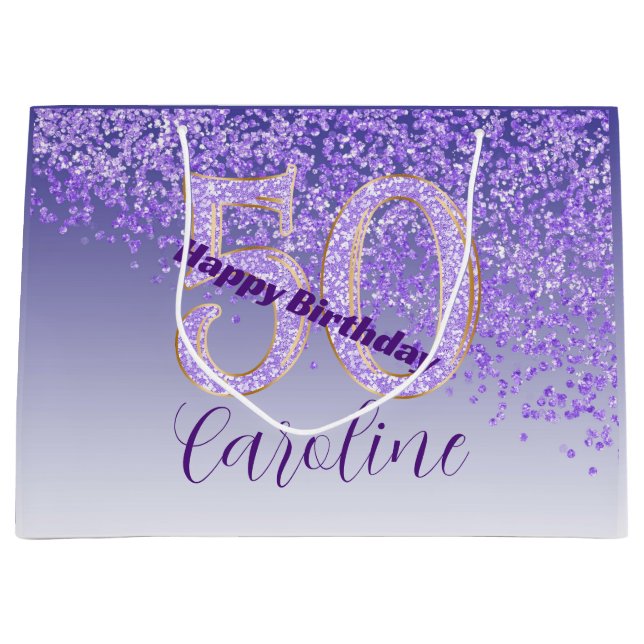 Pretty Falling Purple Glitter 50th Birthday Large Gift Bag (Front)