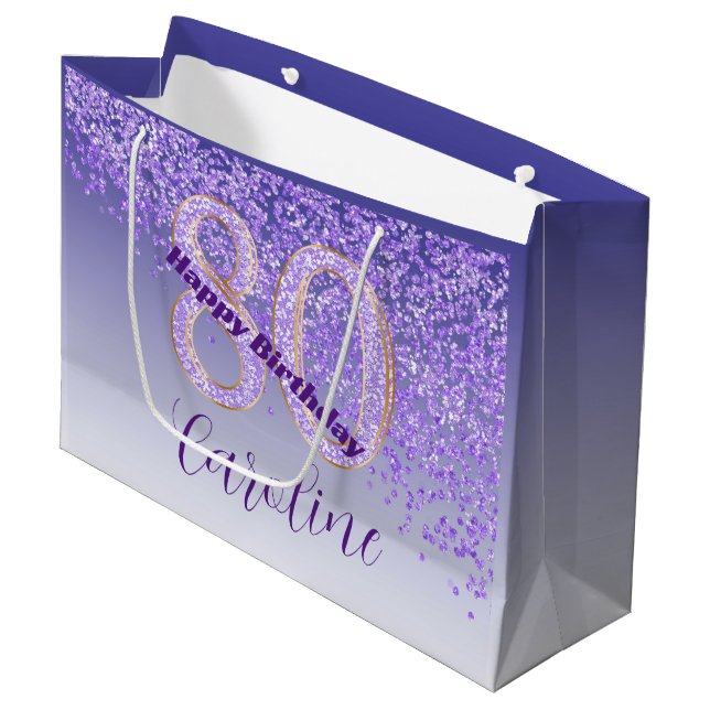 Pretty Falling Purple Glitter 80th Birthday Large Gift Bag (Front Angled)
