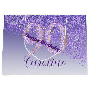 Pretty Falling Purple Glitter 90th Birthday Large Gift Bag