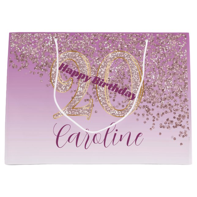 Pretty Falling Rose Gold Glitter 20th Birthday Large Gift Bag (Front)
