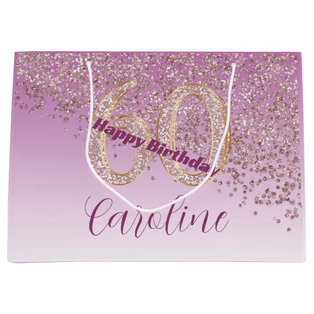 Pretty Falling Rose Gold Glitter 60th Birthday Large Gift Bag (Front)