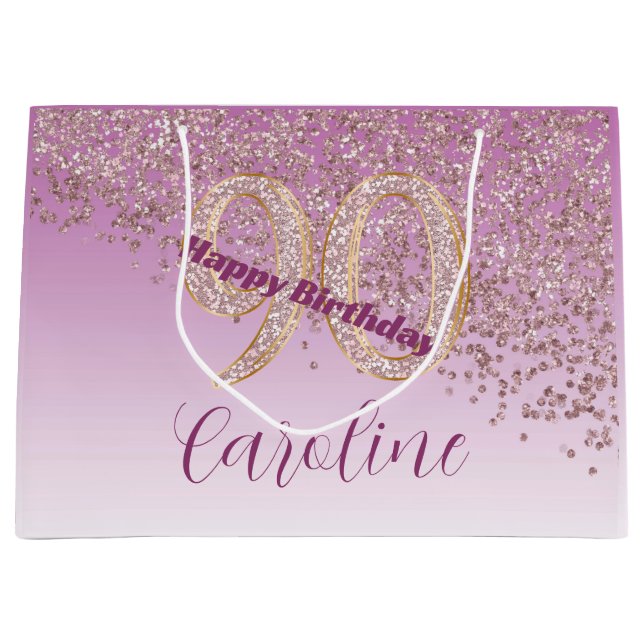 Pretty Falling Rose Gold Glitter 90th Birthday Large Gift Bag (Front)