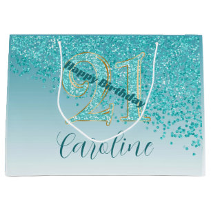 Pretty Falling Teal Blue Glitter 21st Birthday Large Gift Bag