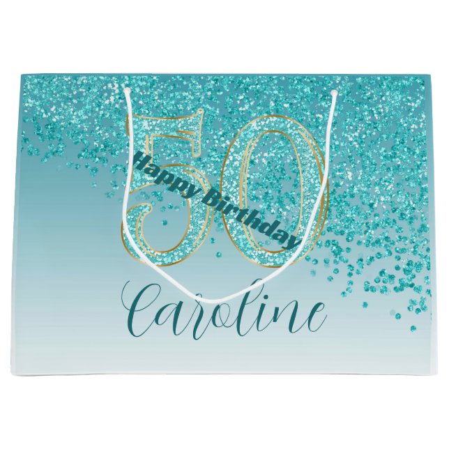 Pretty Falling Teal Blue Glitter 50th Birthday Large Gift Bag (Front)