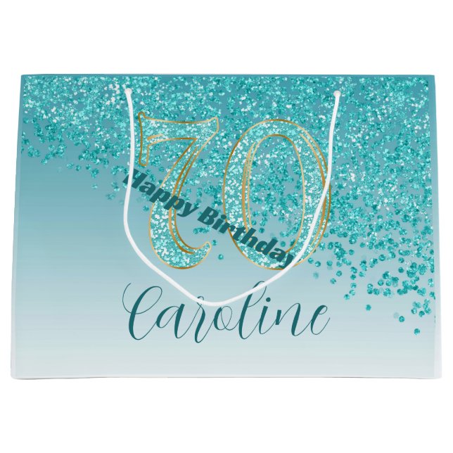 Pretty Falling Teal Blue Glitter 70th Birthday Large Gift Bag (Front)