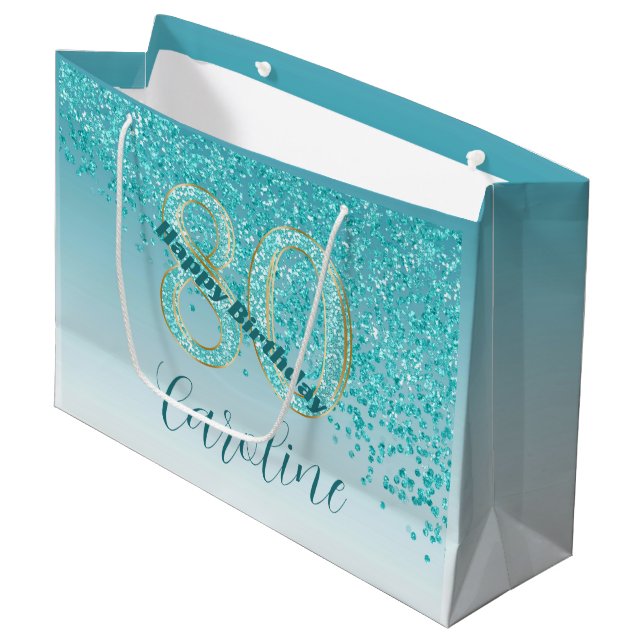 Pretty Falling Teal Blue Glitter 80th Birthday Large Gift Bag (Front Angled)