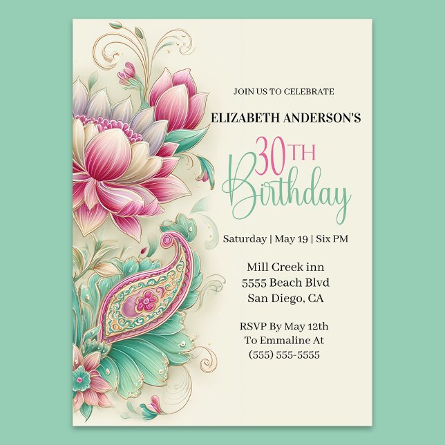 Pretty Fancy Paisley Flower 30th Birthday Invitation (Creator Uploaded)