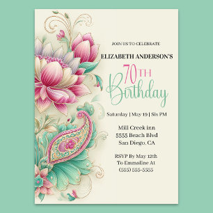 Pretty Fancy Paisley Flower 70th Birthday Invitation