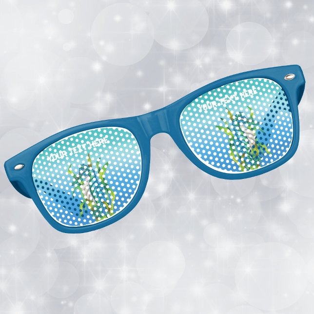 Pretty Fantasy Aqua Sea Dragon in Seaweed Blues Retro Sunglasses (Pretty fantasy sea dragon in aqua blue in green seaweed on shades of blue retro party glasses.)
