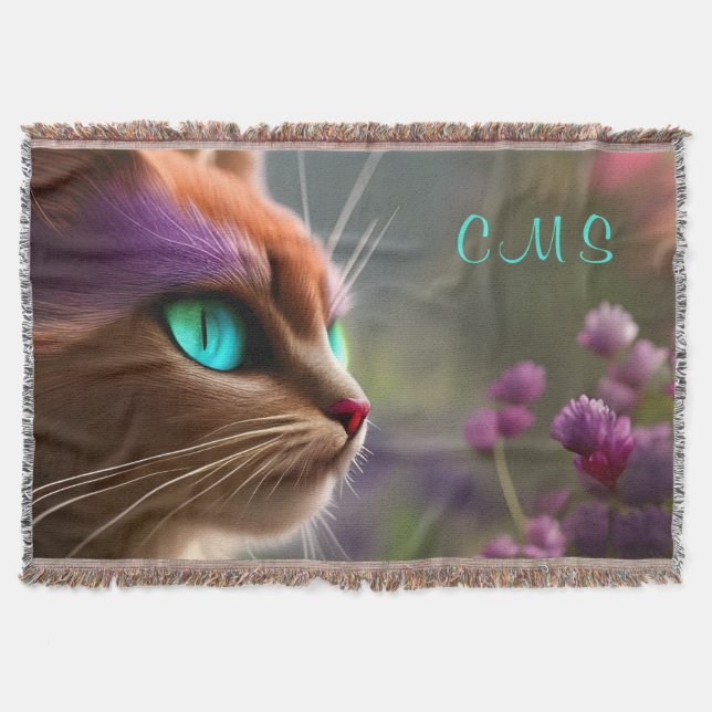 Pretty Fantasy Cat Flower *Monogram*  Throw Blanket (Front)