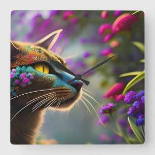Pretty Fantasy Flower Cat Square Wall Clock