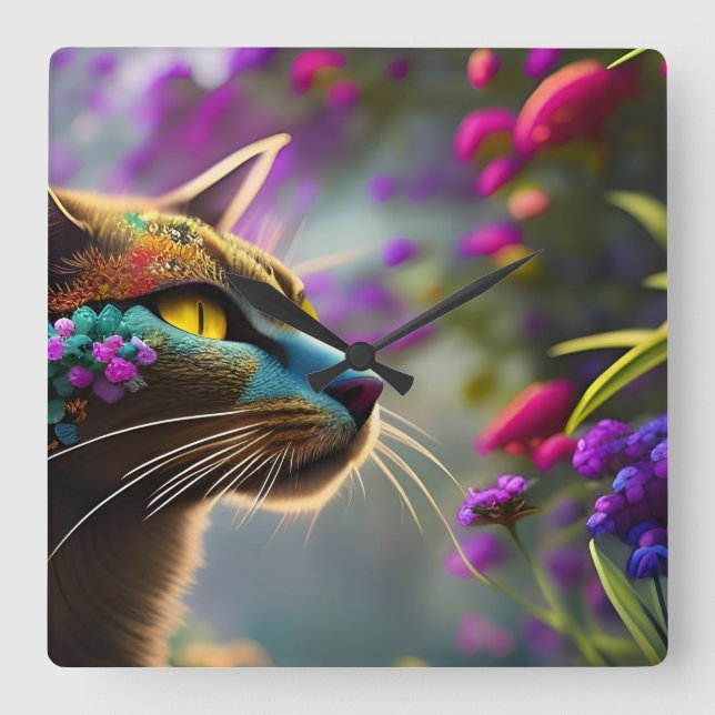 Pretty Fantasy Flower Cat   Square Wall Clock (Front)