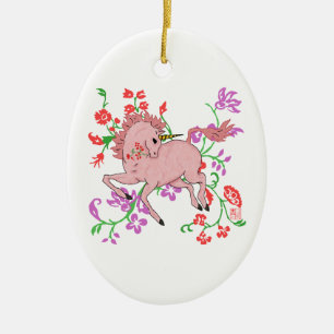 Pretty Fantasy Pink Unicorn Horse in Flowers Ceramic Tree Decoration