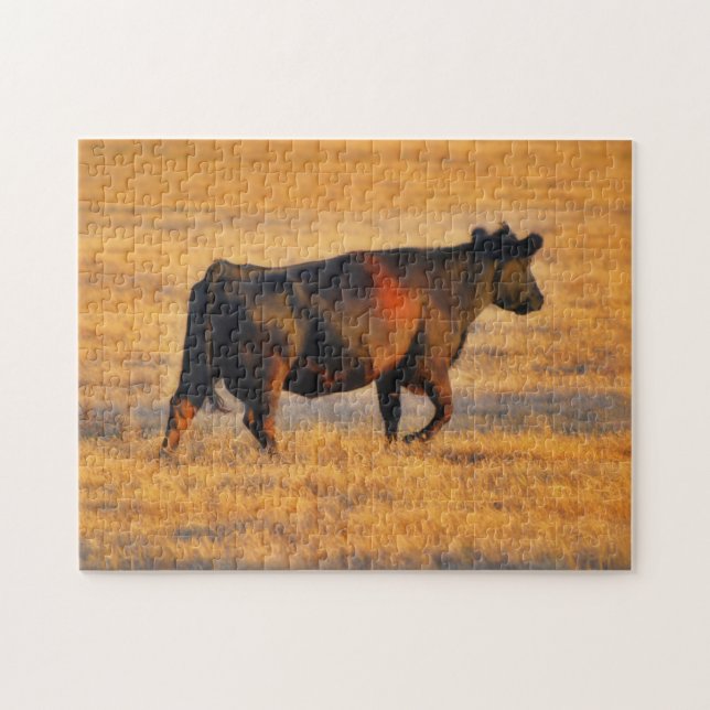 Pretty Farm Art Angus Cow at Sunset Puzzle (Horizontal)