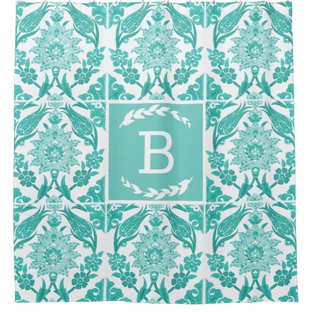 Pretty Farmhouse Blue Floral Tile & Laurels Shower Curtain (Front)