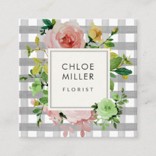 Pretty Farmhouse Cottage Buffalo Check Rose Floral Square Business Card