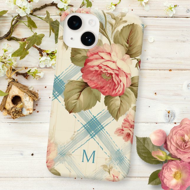 Pretty Farmhouse Rustic Monogram Pink Roses Case-Mate iPhone Case (Creator Uploaded)