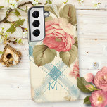 Pretty Farmhouse Rustic Monogram Pink Roses Samsung Galaxy Case<br><div class="desc">Very pretty rustic/farmhouse/cottage style design featuring pink roses,  sage green foliage and dusty teal blue diagonal watercolor stripes on pastel yellow/buff background. Includes text field for your name,  initial or monogram.</div>