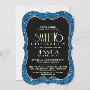 Pretty Faux Blue Glitter Sweet 16 Party Invitation