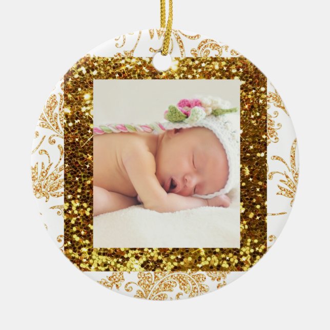 Pretty Faux Glitter Baby Photo Christmas Ornament (Front)