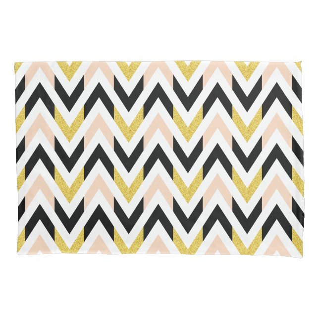 Pretty Faux Glitter Gold, Black, Pink Chevron Pillowcase (Front)