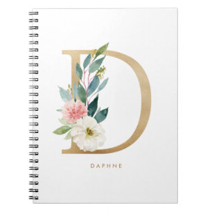 Pretty Faux Gold Foil Floral Letter D Monogram Notebook