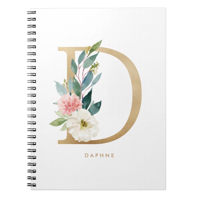 Pretty Faux Gold Foil Floral Letter D Monogram Notebook (Front)