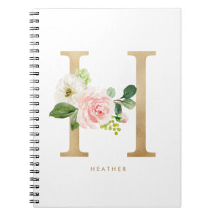 Pretty Faux Gold Foil Floral Letter H Monogram Notebook