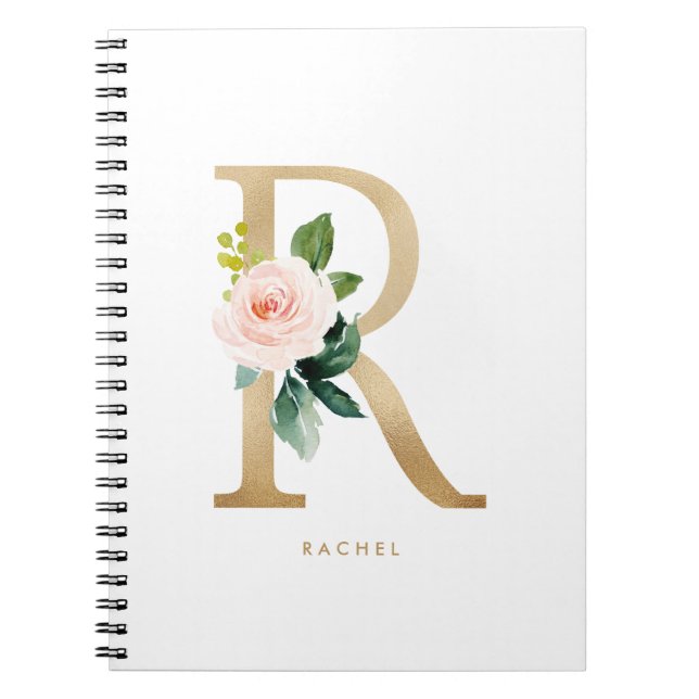 Pretty Faux Gold Foil Floral Letter R Monogram  Notebook (Front)