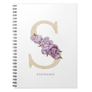 Pretty Faux Gold Glitter Floral Letter S Monogram Notebook